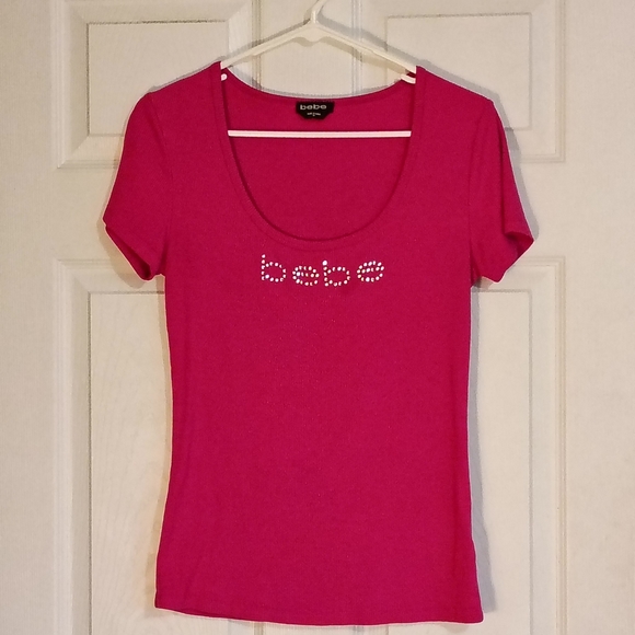 bebe Tops - Bebe Fuchsia Embellished Scoop Neck Tee